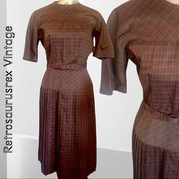 Vintage 1960’s Plaid Fine Wool Secretary Dress by Nelly Don, Size Small Medium